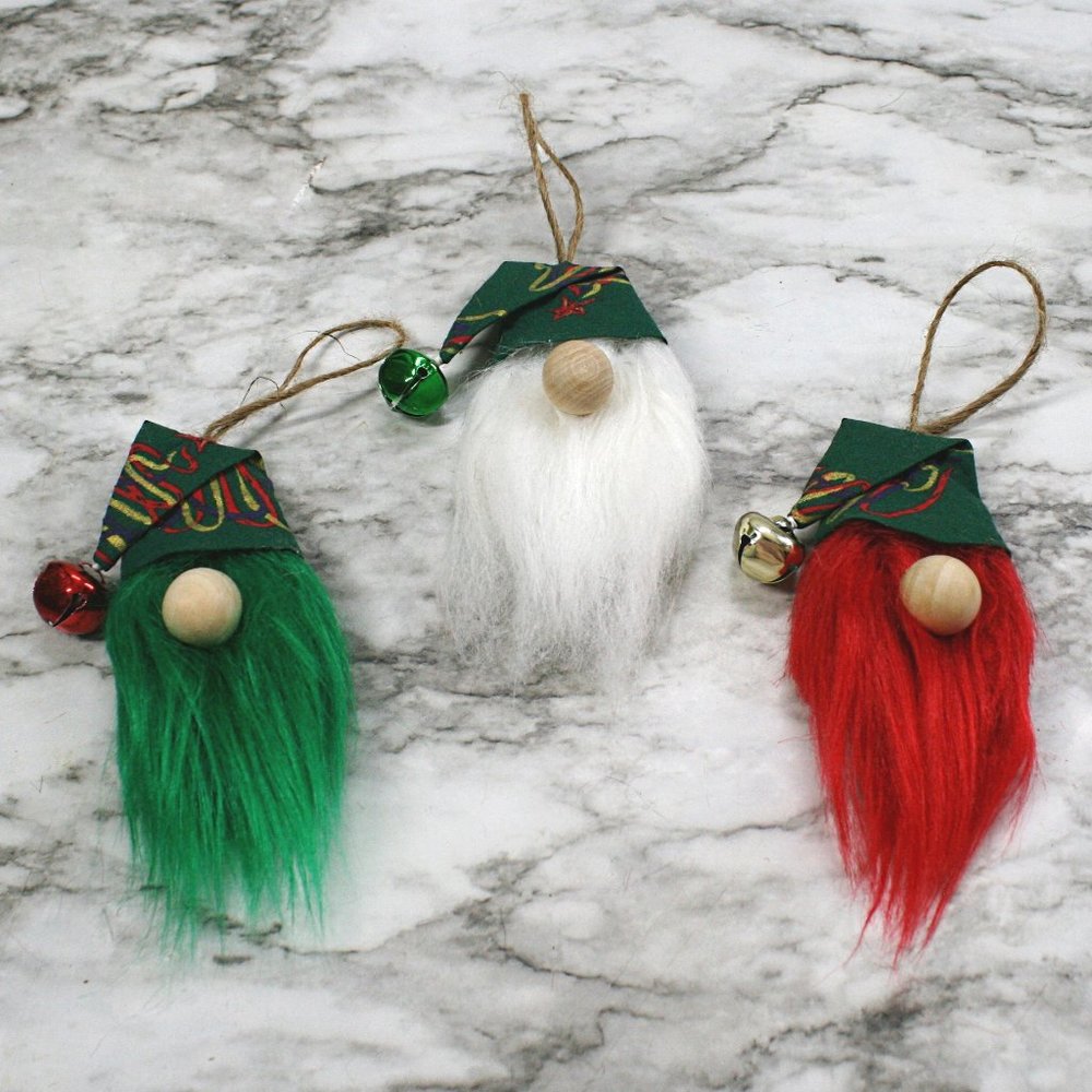 HAND CRAFTED Gnome Christmas Ornaments Set of 3 - Green Scribble Tree